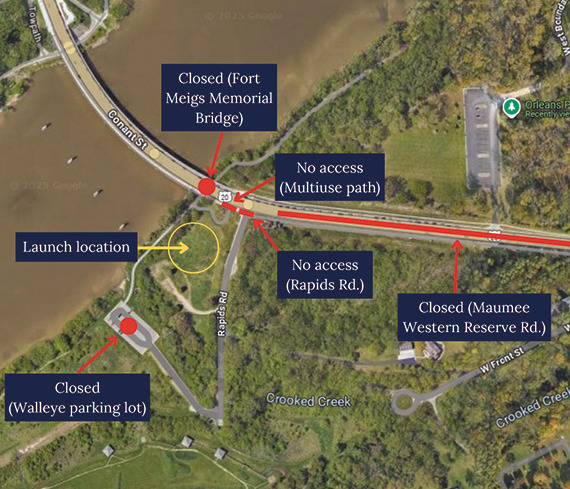 Map graphic showing street and multiuse path closures occurring on July 3 near the fireworks launch location.