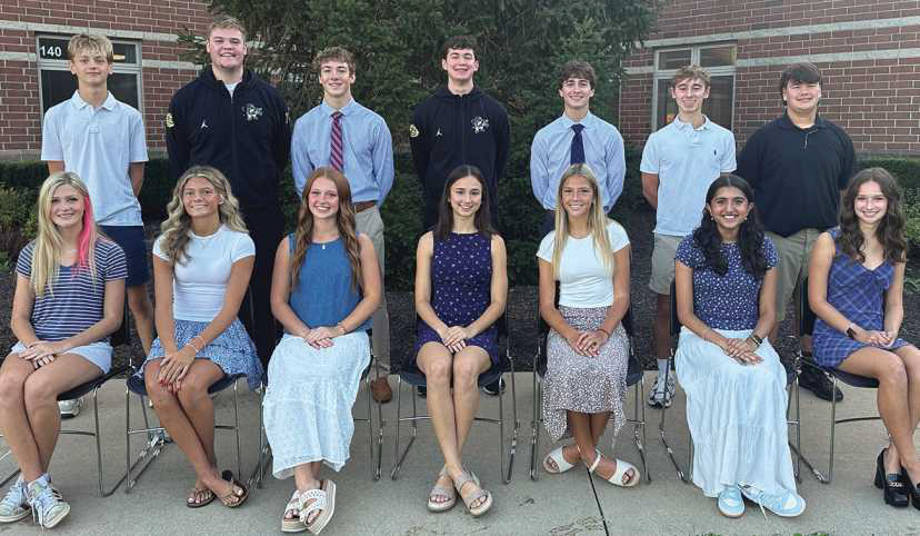 The 2026 Homecoming Court. From left, front row: Mabel Sperling, sophomore, Liv Green, senior; Avery Peters, senior); Lucy Barkholz, senior; Leah Getchey, senior; Mona Gill, junior, and Clementine Schindler, freshman. Back row: Thomas McQuillen, sophomore; Reed Gerken, senior; Brody Macke, senior; Brady Maxwell, senior; Liam Thompson; senior; Troy Hammond, junior, and Alex Scasny, freshman.