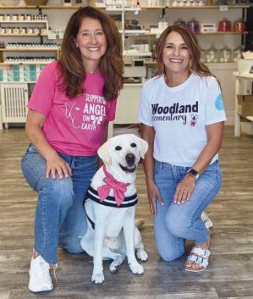Angel the dog with Angela Hill (left), founder and managing partner of Wellaroma, and Anne Gerwin (right), speech-language pathologist at Woodland Elementary and host/main handler for Angel.