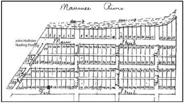 Orleans, 1825, before many of the residents and businesses moved uphill to Perrysburg. Below: early counties took vast amounts of space on a map. The graphic of Ohio in 1803 denotes the future Wood County.