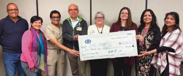 From left: Dr. Srini Hejeebu, Dr. Maneesha Pandey. Dr. Raj Kattar, Current TOPI President Dr. Sanjoy Banerjee, Cocoon Director of Development and Communications Robin Guidera, Cocoon Executive Director Kathy Mull, 2026 TOPI President Dr. Shalini Singh Coates and Dr. Rashmi Goyal Hejeebu.