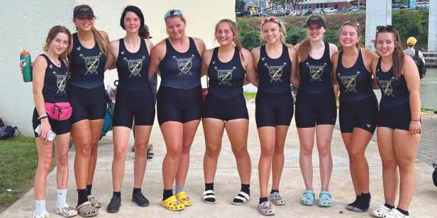 Varsity 8 team that placed fourth at the regatta: Katherine Cromly, Sophia Trendel, Ava Rantanen, Tatum Takats, Callie Friar, Lauren Manges, Myra Smith, Caitlin Rathburn, coxswain Tori Grayson.