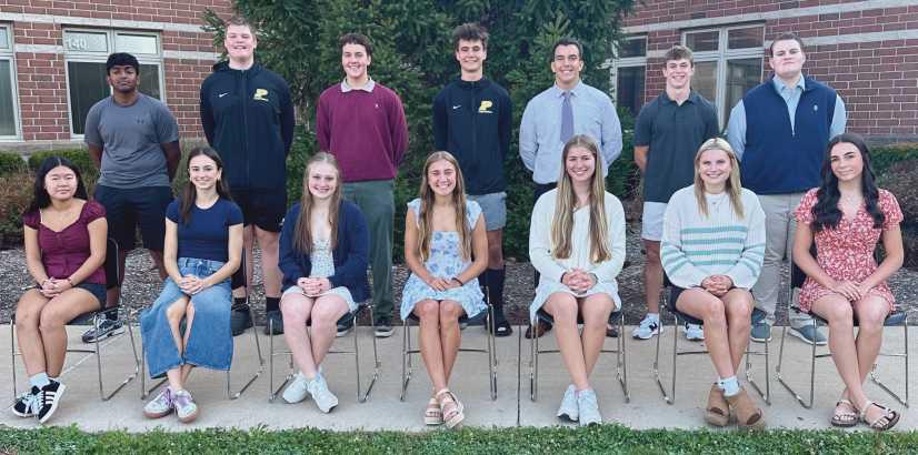 The 2025 PHS Homecoming Court. From left, front row: Front Row Ashley Zhang, Lucy Barkholz, Kate Walendzak, Adyson Brown, Aly Seuberling, Sarah Modlin and Norah Mennitt. Back Row: Hasrith Chatla, Reed Gerken, Austin LeBoutillier, JD Zeeb, Cruz Vasquez, Brayden Heitmeyer and Jackson Riha.