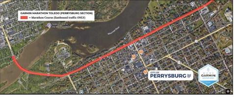 A map graphic showing the Garmin Toledo Marathon route portion that passes through Perrysburg. Visit the city’s Garmin Marathon GIS map dashboard at maps.ci.perrysburg.oh.us/portal/apps/dashboards/ f7a0626178044e00870e65603098629f to see specific road closures, detours and diversions.