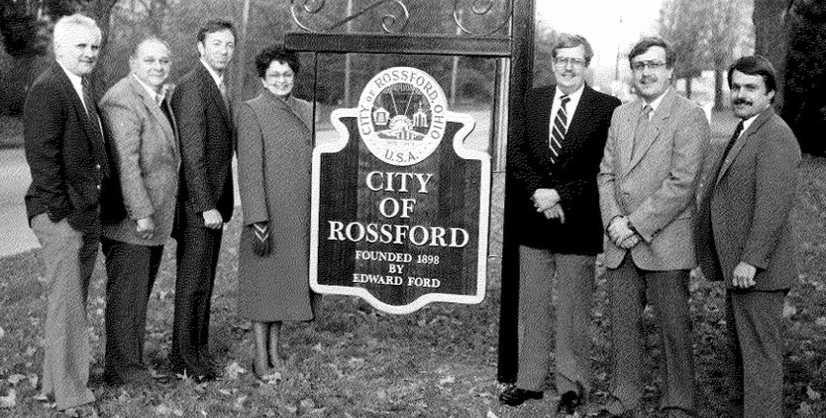 November, 1986, installation of new City of Rossford signage at the entrance to Rossford from River Road. Pictured from left are: Milan Vavrik, Steve Vedra, Bob Watrol, Molly Jakubec, Ken Gwozdz, John Klepasz and Mayor Louis Bauer.