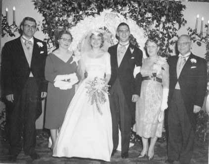 From left: Chuck and Ann Houck, Mary and Larry Houck, and Mary’s parents, Alexandra and Kurt Hellthaler in 1958. Below: Mary’s mother and Larry and Mary Houck at their wedding.