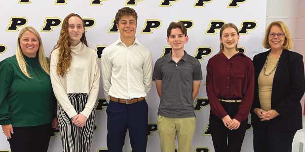 From left: PHS Assistant Principal Katie Bacon, Madison Fisher, Karson Klapper, William Hollenbeck, Hannah Davies and board member Sue Larimer.