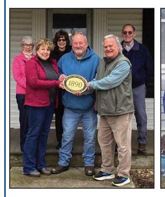 Historic Perrysburg Inc. distributed two plaques recently. Pictured above left, at the home of Connie and Mike Kazmaier, 25875 Lime City Road, are from left, in back, Mary Merrick, Joanie Graver and Grant Garn; front row, Connie and Mike Kazmaier and Dave Kleeberger. Pictured at right, at 429 Cherry Street, home of Sarah Rumple, are, in