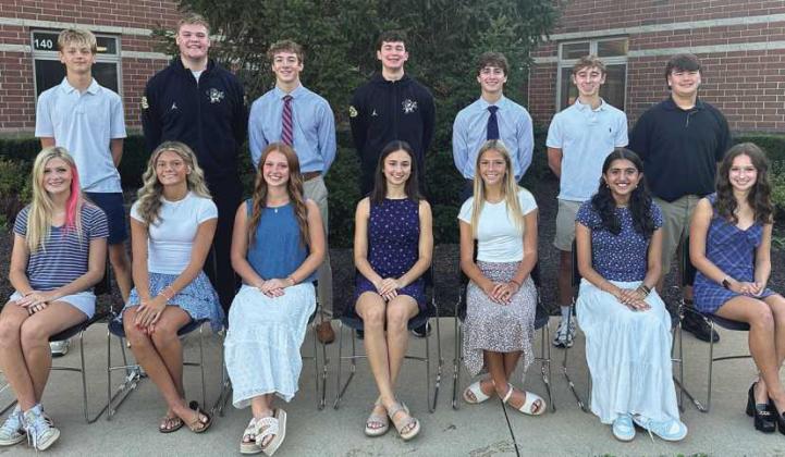 The 2026 Homecoming Court. From left, front row: Mabel Sperling, sophomore, Liv Green, senior; Avery Peters, senior); Lucy Barkholz, senior; Leah Getchey, senior; Mona Gill, junior, and Clementine Schindler, freshman. Back row: Thomas McQuillen, sophomore; Reed Gerken, senior; Brody Macke, senior; Brady Maxwell, senior; Liam Thompson; senior; Troy Hammond, junior, and Alex Scasny, freshman.