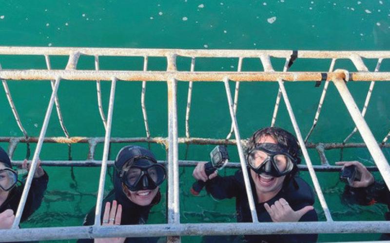 Taylor Eppard, far left, joins fellow interns for a cage diving experience to perform research on sharks.