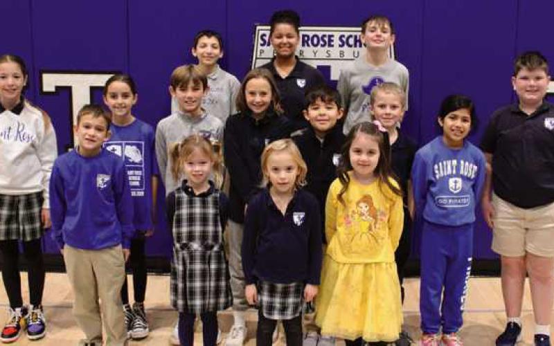 Front row: Jack Criswell, June Churchill, Lucille LaClair, Brooklyn Braun. Middle row: Olivia Apling, Madison Langenderfer, Milo Bill, Emilia Roeger, Joseph Moreno, Derek Edgell, Victoria Ibarra Balboa, William Shroyer. Back row: Max Campbell, Maya Engle, Macormick Wills. Not pictured: Kaitlyn Kesler.