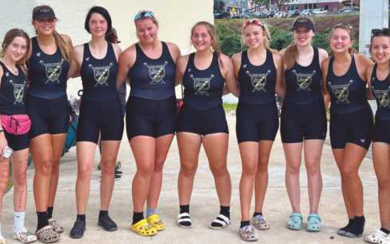 Varsity 8 team that placed fourth at the regatta: Katherine Cromly, Sophia Trendel, Ava Rantanen, Tatum Takats, Callie Friar, Lauren Manges, Myra Smith, Caitlin Rathburn, coxswain Tori Grayson.