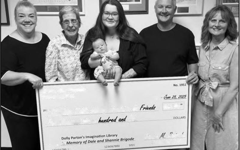 From left: Sandy Snyder, Chair of the WPLFF; Karen Brigode; Karen’s great-niece, Elizabeth, with her great-great-niece, Iris Brigode; Karen’s nephew, Nicholas Brigode; and Lisa Richard, from the WPLFF.