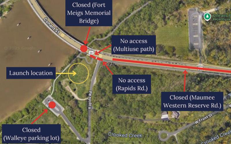 Map graphic showing street and multiuse path closures occurring on July 3 near the fireworks launch location.