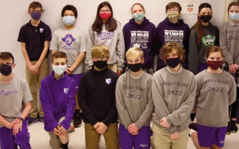 Science Olympiad team members at St Rose are: front row from left–Liam Anderson, August Ebersole, Jack Schoen, Jack Franchetti, Stephen Taylor and Elise Busse. Back row–Elliot Toon, Ben Taylor, Abbigail Martens, Janelle Szymanski, Elizabeth Kobler, Nina Rando and Caitlin Shroyer.