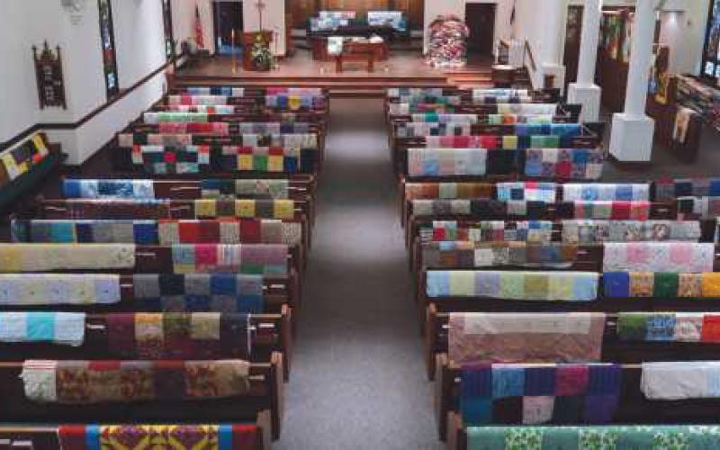 Quilts were on display in the sanctuary of Zoar Lutheran Church prior to the blessing service.