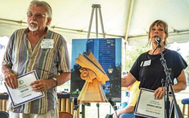 Top, from left, TJ Aitken accepts his first place award from Robin Ballmer; top right, guests enjoy the reception; middle, Hepcat Revival playing for the public, and bottom, a walk around the sculptures.