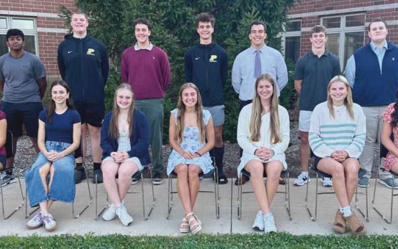 The 2025 PHS Homecoming Court. From left, front row: Front Row Ashley Zhang, Lucy Barkholz, Kate Walendzak, Adyson Brown, Aly Seuberling, Sarah Modlin and Norah Mennitt. Back Row: Hasrith Chatla, Reed Gerken, Austin LeBoutillier, JD Zeeb, Cruz Vasquez, Brayden Heitmeyer and Jackson Riha.
