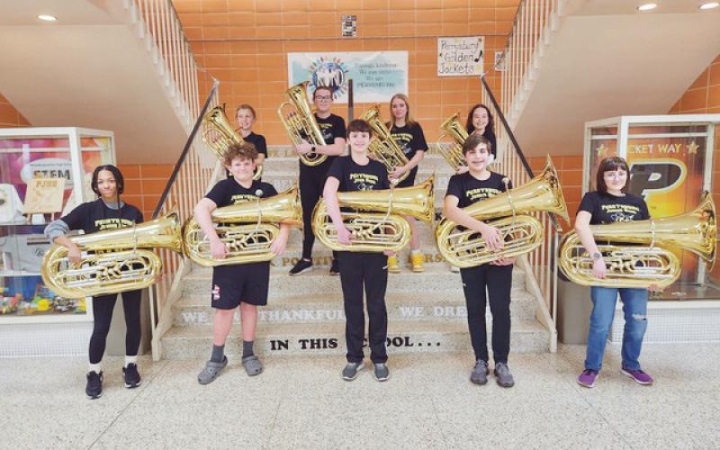 Perrysburg Junior High School students pose with their new tubas and euphoniums.