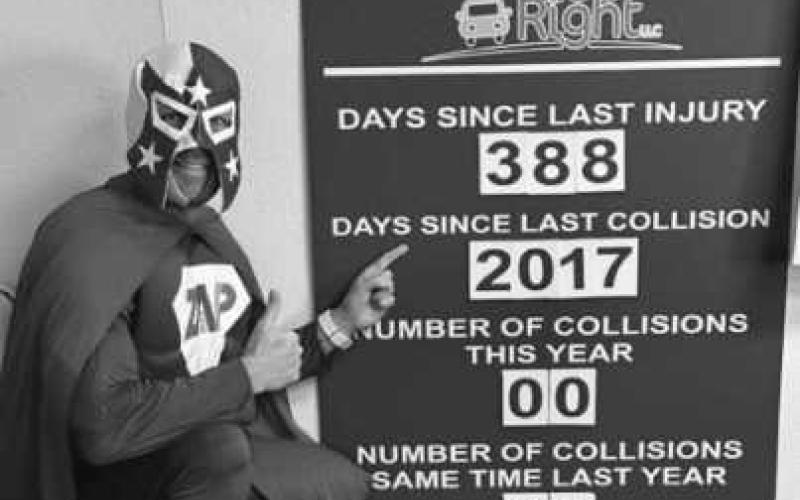 MTM Transit’s mascot, ZAP Man, shows off the Perrysburg Transit system’s outstanding record.