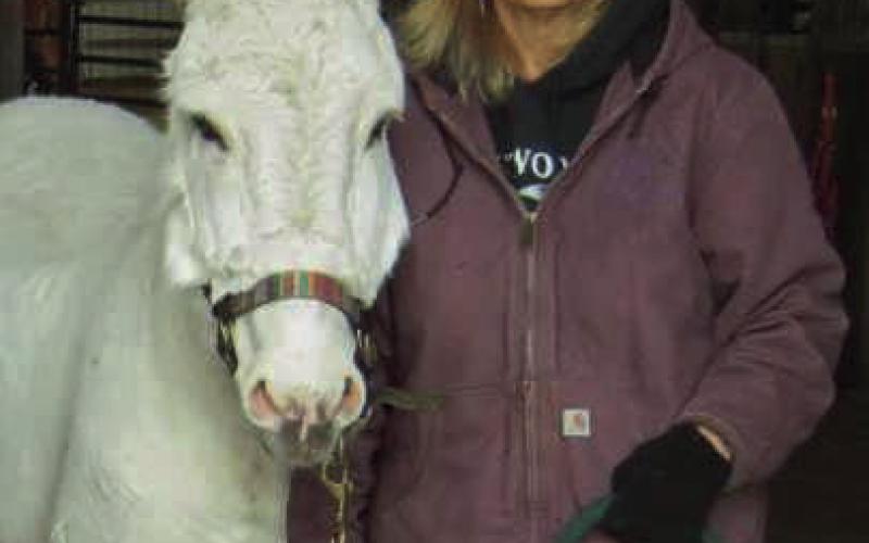 Healing Barn Founder and Director Nancy Swigart, with barn mascot Jack the donkey, who turned 34 this year.