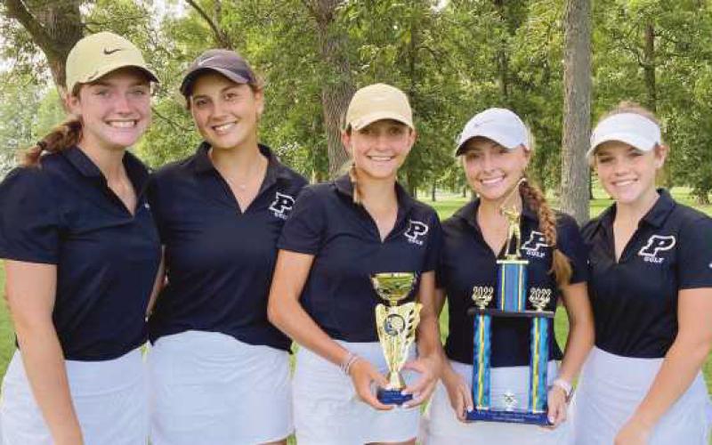 The Yellow Jackets girls golf team after winning the Findlay Invitational. Pictured, from left, are: Olivia Eisaman, Paige Feldkamp, Sydney Deal, Ariyah Ellis and Lilly Pafford.