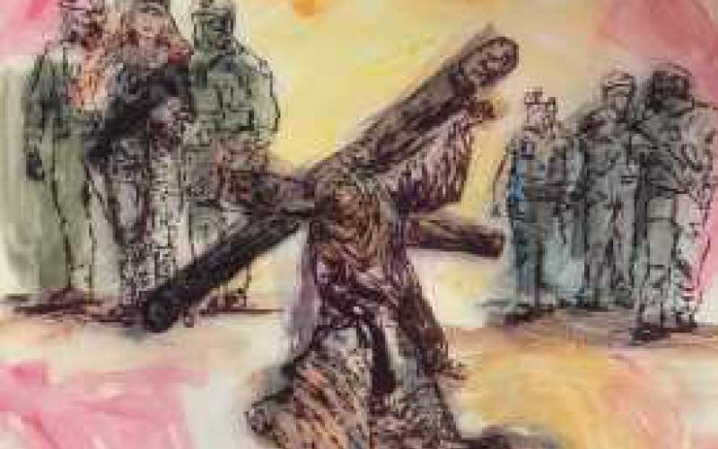 Jesus Falls a First Time, created by artist Jennifer Balogh, is a 12-inch square mixed-media piece with black light paints, black marker and photography. Below, The Cross Is Laid on Simon of Cyrene is a 12inch square mixed media with photography on transparency, silkscreen and watercolor by artist Rob Vanitvelt.