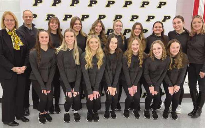 From left, front row: Lillian Shields, India DeBruin, Lillian Bullock, Elizaveta Krasikova, Morgan Allesee, Camryn Bruderly and Anna Costell. Back row: Board member Sue Larimer, Interim PHS Principal Dave Dakolios, Lyla Fischer, Kate Prindle, Sutherlin Bly, Peyton Lynch, Claire Myers, Isabella Shields, Anna Waldo and Coach Ciara Clarke.