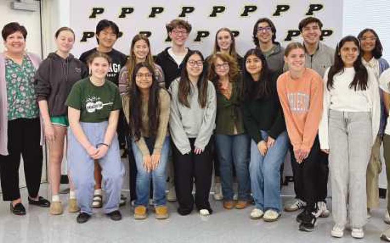 Left to right, front row: Anwyn Sawaya, Aymana Alam, Cindy Ma, Head Coach Jennifer Nagy Lake, Jia Thakker, Elyssa Hinesman, Ria Khatri and Alex Ban. Coach Debra Kemp, board member Dr. Lori Reffert, Ella Hahn, Robinson Zhang, Iris Weisstein, Seth Ermie, Sydney Wolfinger, Jordan Nahhas, Jacob Nahhas, Maayna Parikh and Patrick Chen. Not pictured: Shubham Brahme, Gabriella Briscoe, Nithya Rajan, Anushree Verma and Kate Wu.
