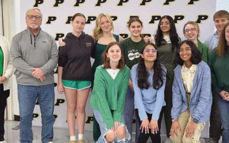 Left to right, back row: Board member Sue Larimer, Scott Hicks, Ella Hahn, Allison Harrold, Anwyn Sawaya, Bismah Gill, Lillith Dunn, Zachary Meyer and Coach and PHS social studies teacher Brandi Sharlow. Front Row: Luella Eynon, Momina Gill and Maanya Parikh. Not pictured: Camryn Bruderly, Jonathan Severt and Avnish Shendge.
