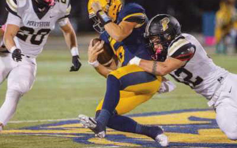 Middle linebacker Joseph Seney tackles Panther quarterback Brady Ford.