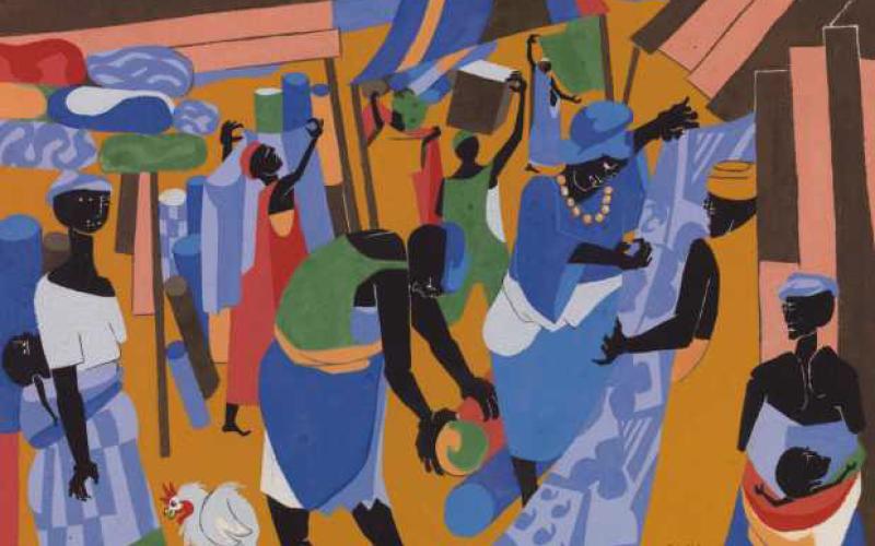 “Market Scene,” gouache on paper, by Jacob Lawrence; Chrysler Museum of Art, Museum purchase 2018.22. © 2022 The Jacob and Gwendolyn Knight Lawrence Foundation, Seattle/Artists Rights Society (ARS), New York.