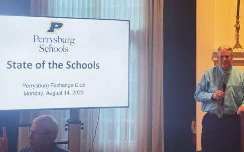 Superintendent Tom Hosler presents at Perrysburg Exchange Club’s August meeting.