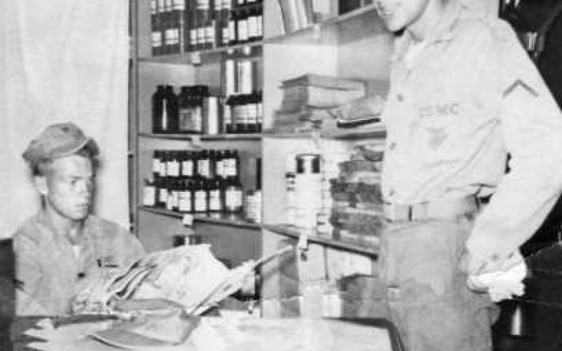 “I’m making the world safe for democracy, dusting off supplies,” said Beck, at right in above photo, laughing. Photo taken in Norfolk, Virginia, in 1955. Below, “When I went into the Marines, I was 120 pounds, when I got out I was 160. That’s what the Marines do,” he said.