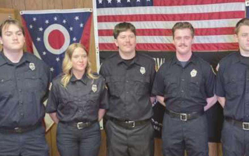 From left: Captain Mike Hampton III; new part-time fire department hires Chance Ruelle, Denim Phillips, Ross Welling, Avery Davis and Kamden Ohrt; Fire Chief Tom Brice.