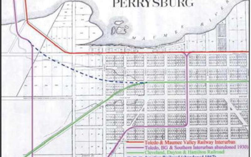 Perrysburg interurban and railroad line and station locations.