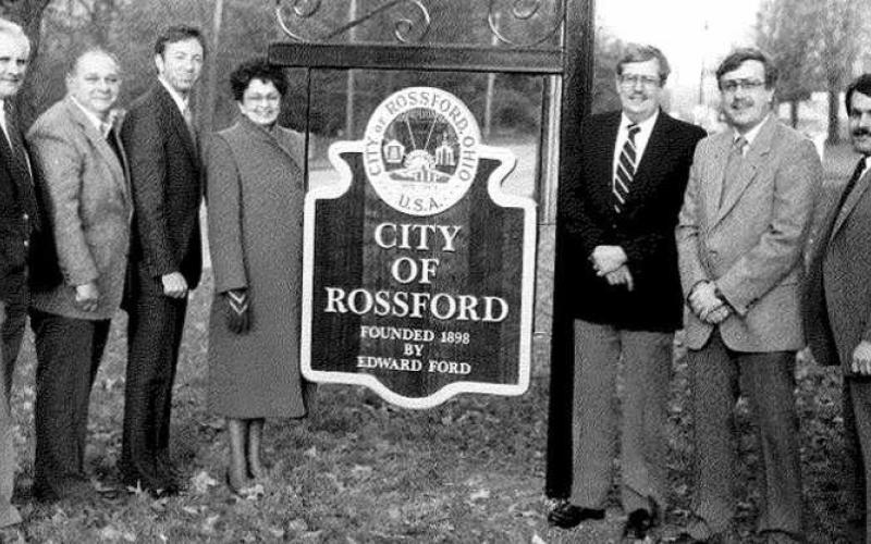 November, 1986, installation of new City of Rossford signage at the entrance to Rossford from River Road. Pictured from left are: Milan Vavrik, Steve Vedra, Bob Watrol, Molly Jakubec, Ken Gwozdz, John Klepasz and Mayor Louis Bauer.