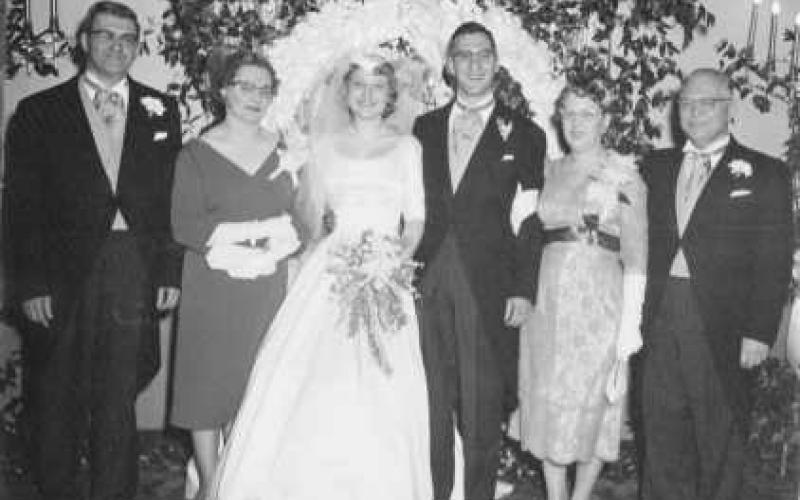 From left: Chuck and Ann Houck, Mary and Larry Houck, and Mary’s parents, Alexandra and Kurt Hellthaler in 1958. Below: Mary’s mother and Larry and Mary Houck at their wedding.