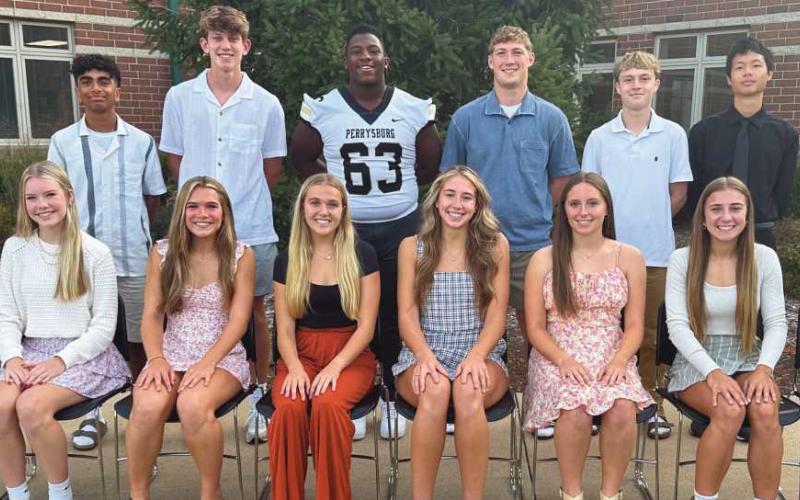 Members of the 2024 Perrysburg High School homecoming court are, front row, from left: Annie Heinold (9th), India DeBruin (10th), Sydney Evert (12th), Ava Beeks (12th), Mackenzie Hurley (12th), Grace Langendonk (12th), Adyson Brown (11th) and Sarah Modlin (11th). Back row: Shubham Brahme (9th), Eli Wilkinson (12th), Eric Bush Jr (12th), Zach Schroeder (12th), Freddie Dowling (12th) and Simon Deng (10th).