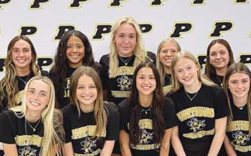 From left, top row: Board President Susan Rowland Miller, Ashlyn Theis, Arianna Lawanson, Brooke Featherstun, Ella Kersker and Kennedy Wood. Bottom: Lanie Reece, Lexi Lyren, Sophia Mullins, Tatum McCoy, Marissa Kelley and Coach Jenna Perry. Not Pictured: Georgia VonDeylen.