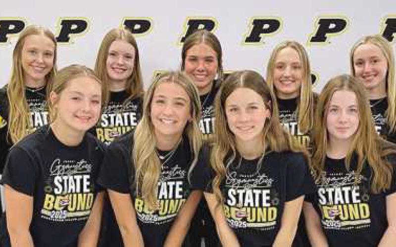 From left, back row: Board member Sue Larimer, Lauren Cline, Valerie Ward, McKenna Conley, Abbi Lee and Janie Snyder. Front row: Alli Savage, Madalynn Brossia, Elise Findling, Ashley Cherry and Coach Danielle Tulodzieski. Not pictured: Kassia Deng, Emily Maines, Sydney Wolfinger, Meredith Kulmatycki, Kylee Ruiz and Lillian Wood.