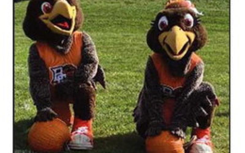 BGSU mascots Freddie and Frieda Falcon couldn’t resist participating in the pumpkin races.