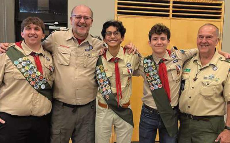 From left: Jeremy Szymanski; Dr. Mark Krautheim, Scoutmaster; Jayan Fernandes; Nick Fullenkamp, and Ken Kowalski, troop chair.