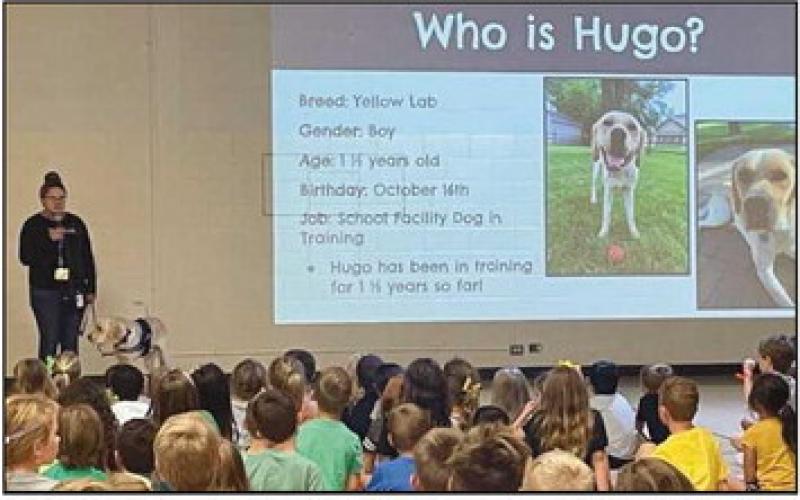 Brittney Murphy introduces Hugo at a school assembly.