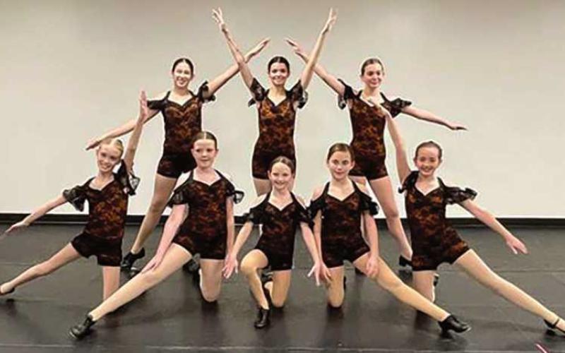 Perrysburg Dance Academy dancers preparing for their tap roles as Hot Chocolate dancers. Pictured top row, Makenzie Burnham, Adrianna Garcia (graduating senior), Genevieve Stierman; bottom row, Jaclyn Kantner, Molly Hayes, Johanna Czech, Stella Rygalski and Madilyn Maher.