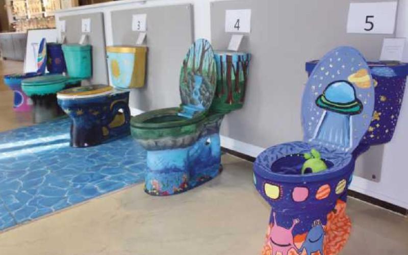The five decorated toilets are showcased at Waterhouse bath &amp;amp; kitchen studio on East Indiana Avenue.