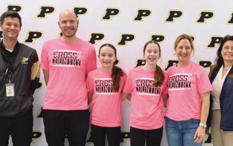 PJHS Principal Scott Buker, Coach Sean Murray, Joslin Downey, Julia Motzel, Assistant Coach Michelle Dalton, and Board Member Laura Meinke (Not pictured: Marisa Cope)
