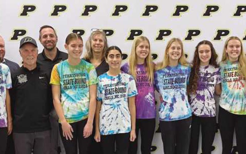 PHS Principal Aaron Cookson, Lexi Schultz, Board President Eric Benington, Assistant Coach Ed Osborne, Assistant Coach Steve Slivka, Elyssa Hinesman, Assistant Coach Karen Dolliver, Aaralyn Rodrigues, Kaelyn Becken, Brayleigh Becken, Laura Valette, Ava Beeks, Natalie Sanders and Coach Jon Monheim (Not pictured: Carly Friar)