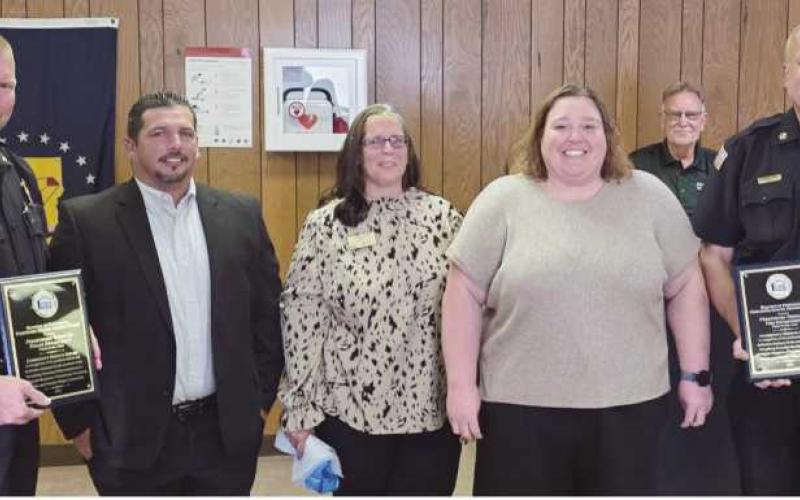 From left, front: Police Chief Gazarek, Chad Goodlet (Friendly Village), Jill Gray (Perrysburg Estates), Rebecca Mack (Meadows of Perrysburg) and Fire Chief Brice. Back: Trustees Britten and Schaller.