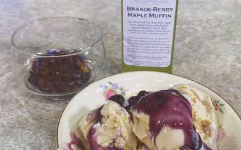 Tea-infused ice cream made with brande-berry maple muffin tea.